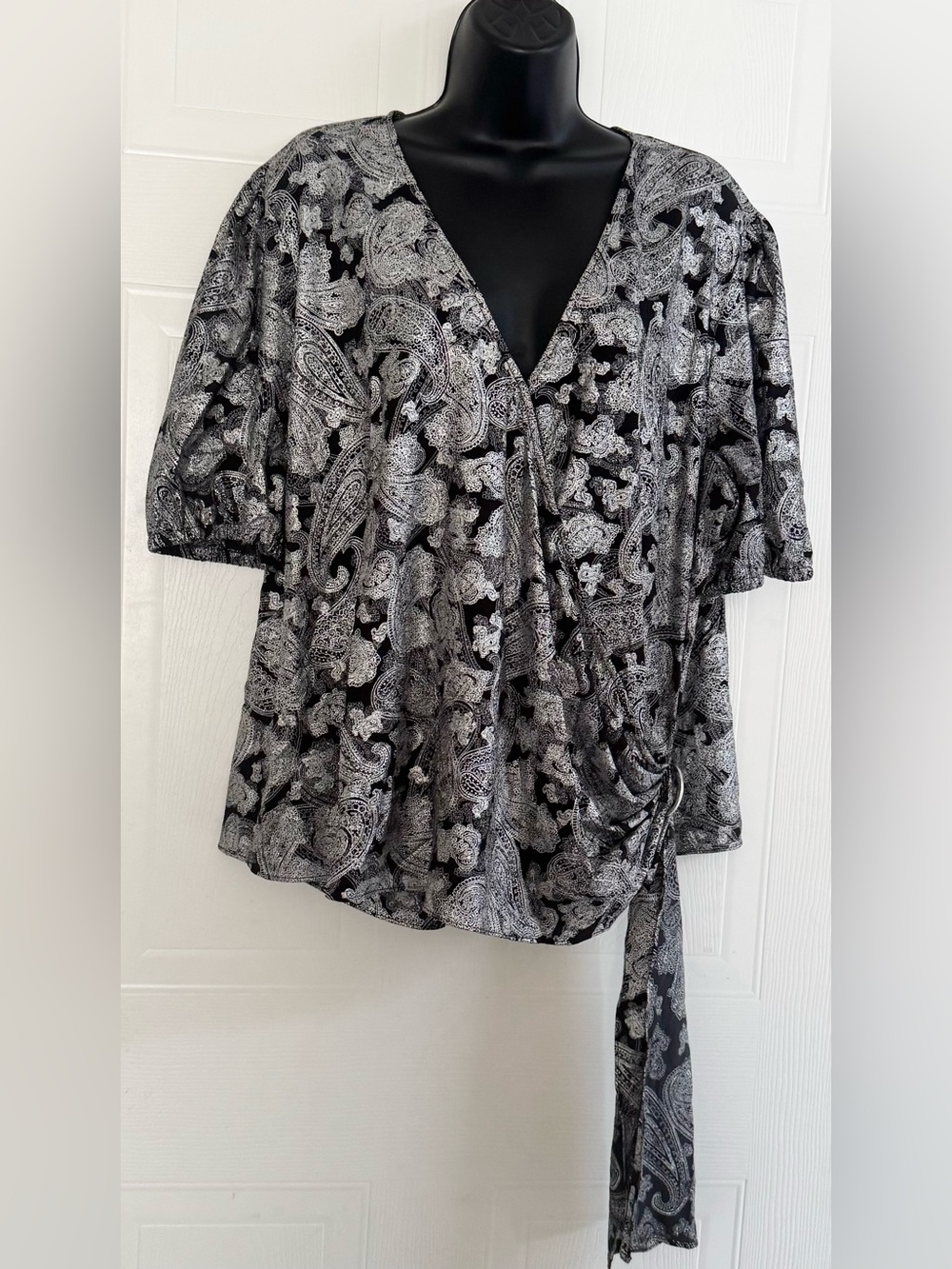 Michael Kors Paisley Wrap Top Black Silver Foil Blouse Women's Plus 2X Tie Side